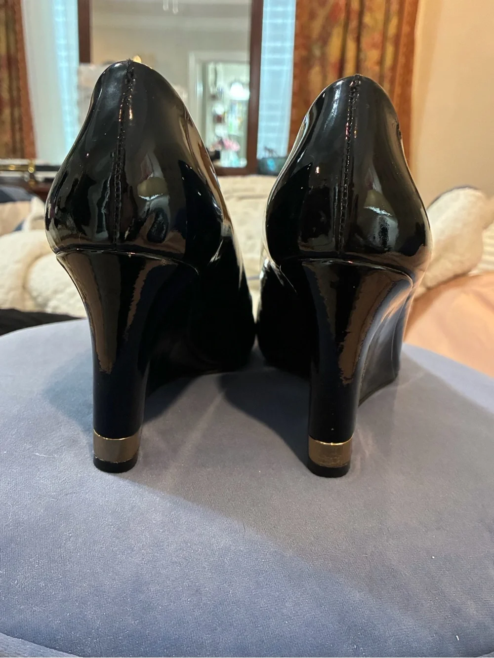 Tory Burch Black Patent Leather Wedge Pumps